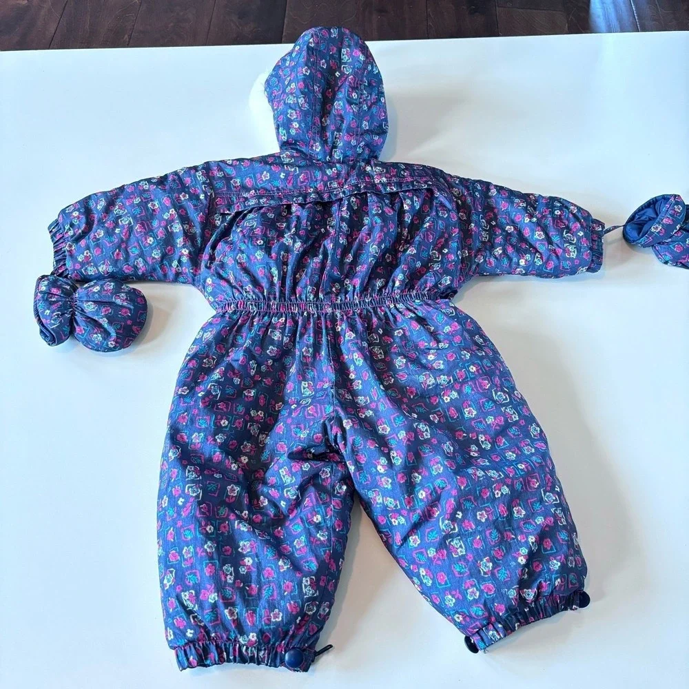 Vintage 90s Oshkosh B'gosh Girls 18 Month Snowsuit Blue Pink Floral‎ Hooded